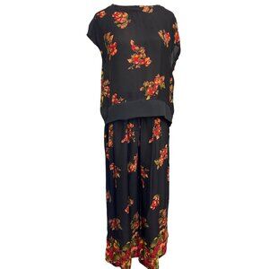 Vintage Two-Piece Black Floral Print Set With Short-Sleeve Top and Wide-Leg Pant